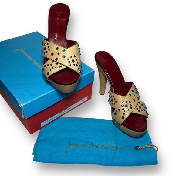 Jean-Michel Cazabat Platform Sandals Tan Leather Rhinestone 5 Inch Heel Size 7.5 - Picture 2 of 12